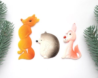 3 Plastic animal ornaments, Set of 3, Soviet Christmas tree decoration, Vintage New Year, Christmas Decor, Ukraine, Soviet Union, 70s