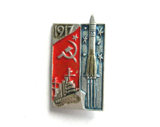 Soviet Vintage collectible badge Communism Vintage Pin Soviet Union Aurora ship 1980s 1917 October Revolution Rocket Made in USSR