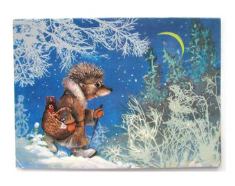 Happy New Year, Hedgehog, Winter, Christmas, Unused Postcard, Unsigned, Soviet Vintage Postcard, Illustration, Isakov, USSR, 1982, 1980s