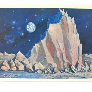 Spazio, Un picco lunare, Luna, Cartolina spaziale, Stampa spaziale, Arte spaziale, Sokolov, Illustrazione, Non firmato, Cartolina d'epoca sovietica, URSS, 1973, anni '70