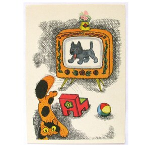 Mauvaise émission de télévision, carte postale soviétique inutilisée, illustration, chat, chien, drôle, Golubev, non signée, carte postale vintage soviétique, URSS, 1967, années 60, années 60