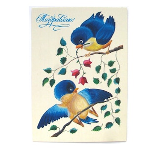 Cartão postal de felicitações, dois pássaros, Tomtits, sem uso, cartão postal vintage soviético, ilustração, Buyevskaya, feito na URSS, 1991, década de 1990, década de 90