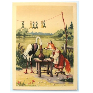 Carte postale de conte folklorique russe, renard et grue, inutilisé, animal, carte postale vintage soviétique rare, illustration, Kouzmine, fabriquée en URSS, 1955, années 50