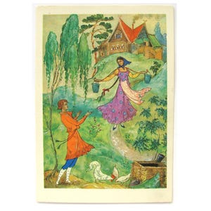 Hombre y mujer jóvenes, flor de piedra, postal sin usar, postal soviética antigua, Palekh, ilustración, Kovalyov, Palekh, 1968, década de 1960, años 60, URSS