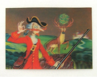 Baron Munchausen, Stereo Photo Postcard, Deer, Illustration, Used Soviet Vintage Postcard,  USSR , 1987, 1980s