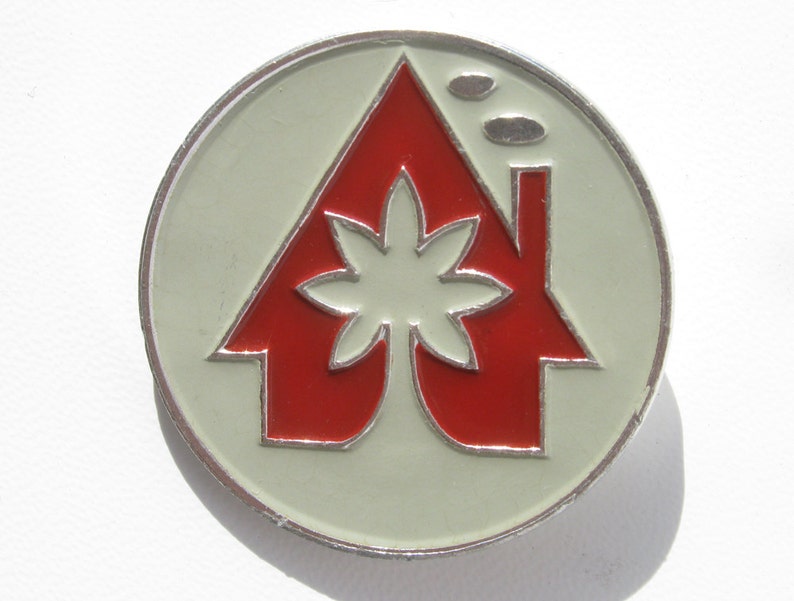 May include: A silver pin with a red house with a white flower in the center. The house has a chimney with two smoke puffs above it.