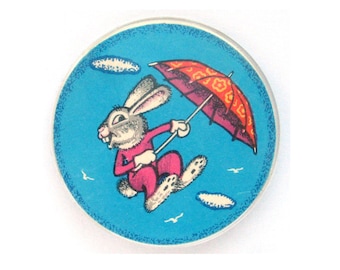 Rabbit with Umbrella Pin, Vintage plastic Collectible badge, Soviet Pin, Hare, USSR