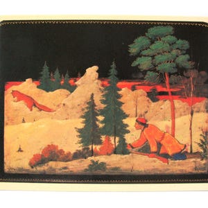 Chasse au renard, Palekh, carte postale, Markichev, folklorique, miniature en laque, art, URSS, carte postale vintage soviétique, 1982