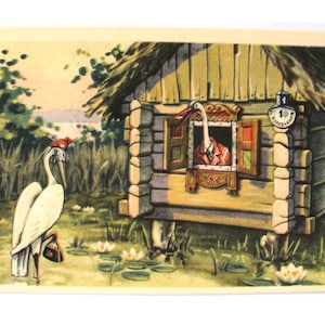 Cartão postal de conto popular russo, guindaste e garça, sem uso, animal, cartão postal vintage soviético raro, ilustração, Kuzmin, feito na URSS, 1956, anos 50