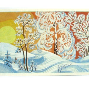 Ansichtkaart seizoen, januari, landschap, ongebruikt, volks, zeldzame Sovjet vintage ansichtkaart, illustratie, Prisekina, gemaakt in de USSR, 1973, jaren 70
