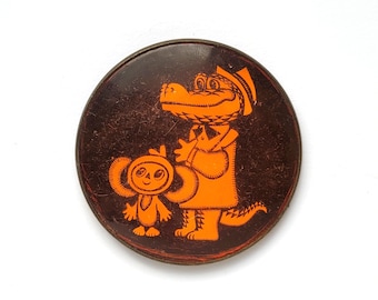 Tscheburaschka und Krokodil-Gena, Vintage-Sammlerstück, sowjetische Vintage-Anstecknadel, 1970er Jahre