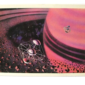 Ruimtevaartuig in ring van Saturnus, ansichtkaart met schilderij van Sokolov, ruimte, ongebruikt, niet ondertekend, Sovjet vintage ansichtkaart, USSR, 1978