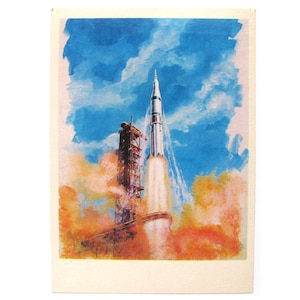 May include: A vintage postcard featuring a watercolor painting of a rocket launching into a blue sky with white clouds. The rocket is white with a red and orange flame trail.