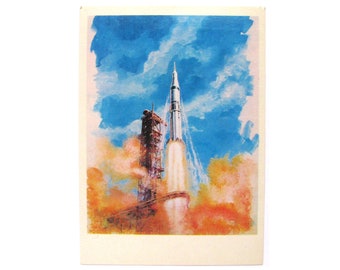Space, Postcard with painting by Leonov and Sokolov, Launch of Apollo spacecraft, Unused, Unsigned, Soviet Vintage Postcard, USSR, 1978