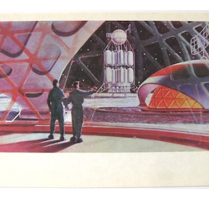 Espaço, Dentro do cosmódromo lunar, Cartão postal, Pintura, Sokolov, Ilustração, Não assinado, Cartão postal vintage soviético raro, URSS, 1973, década de 1970