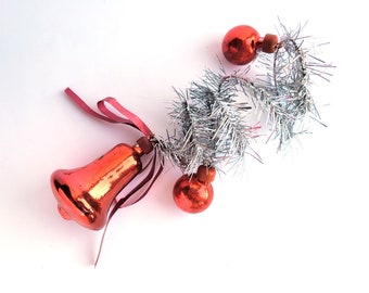 Red Xmas bell, Soviet Christmas tree decoration, 1 Bell + 2 Balls, Christmas glass ornament, Vintage New Year, USSR, Soviet Union, 1970s
