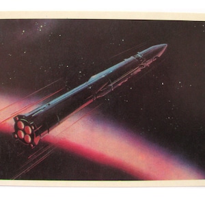 Cartão espacial soviético, Espaço, Impressão espacial, Arte espacial, Viktorov, Espaço, Voo continua, Vostok, Terra, Cartão postal vintage soviético, URSS, 1971