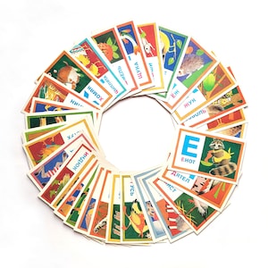Alfabeto russo, conjunto de 32 cartões postais, ABC, letras, animais, ilustração, cartões postais infantis educativos, Rapoport, feito na URSS, 1990