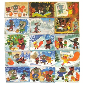 Willkommen, Set mit 15 Postkarten, Cartoon, Tier, Winter, Neujahr, Illustration, Kayukov, Print, Sowjetunion Vintage Buch, UdSSR, 1988