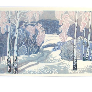 Ansichtkaart seizoen, december, landschap, ongebruikt, volks, zeldzame Sovjet vintage ansichtkaart, illustratie, Prisekina, gemaakt in de USSR, 1973, jaren 70