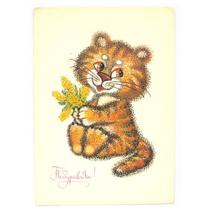 Pequeno Tigre, Cartão Postal de Parabéns, Feliz Aniversário, Sem Uso, Ilustração de Makarova, Sem Assinatura, Cartão Postal Soviético Vintage, URSS, 1989