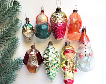 SALE!!! Vintage Glass Ornaments Set, 8pc Damaged Christmas Baubles, Cosmonaut, Snowman, Holiday Crafts, Art Supplies, Retro Destash