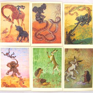 Sagor av Rudyard Kipling och Bröderna Grimm, Vykort, Set om 10, Illustration, Glikman, Djur, Sovjetisk Vintagebok, Sovjetunionen, 1988 bild 2