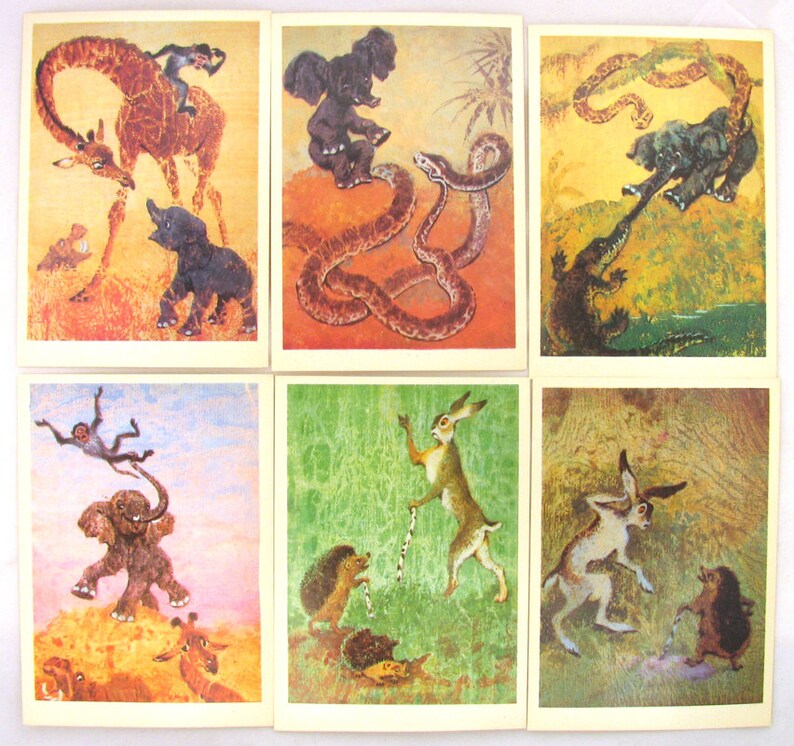 Sagor av Rudyard Kipling och Bröderna Grimm, Vykort, Set om 10, Illustration, Glikman, Djur, Sovjetisk Vintagebok, Sovjetunionen, 1988 bild 2