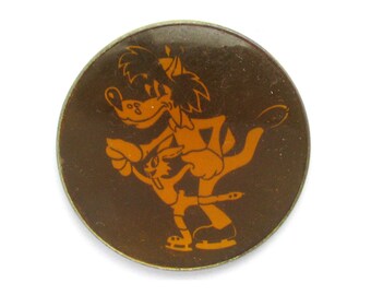 Nu pogodi, Wolf, Hase, Eiskunstlauf, Cartoon, Vintage-Sammlerstück, Sowjetische Anstecknadel, UdSSR