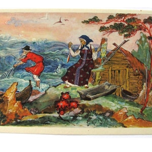 Bajkowa pocztówka, nieużywana, Złota rybka, Aleksander Puszkin, rzadka radziecka zabytkowa pocztówka, ilustracja, Palekh, Kowalow, ZSRR, 1961, lata 60.