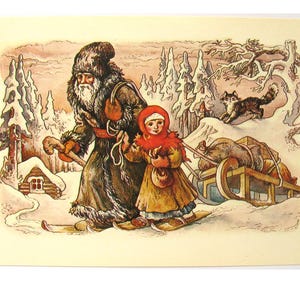 Hiver, vieil homme, petite-fille, chat, carte postale inutilisée, carte postale vintage soviétique, conte, illustration, Melnichenko, non signé, URSS, 1985