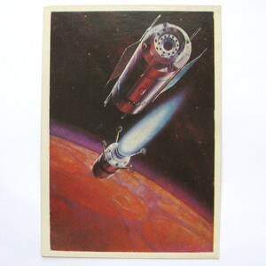 Espace, atterrissage sur Mars, carte spatiale, impression de l'espace, art de l'espace, Sokolov, illustration, non signée, carte postale vintage soviétique rare, URSS, 1980, années 80