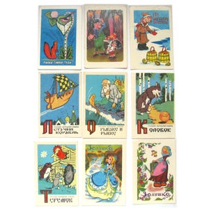 Zestaw 9 kalendarzy kieszonkowych, Bajka, Używany, Ilustracja, Radziecka pocztówka vintage, ZSRR, 1979, 1982, 1984, 1985, 1983, 1986