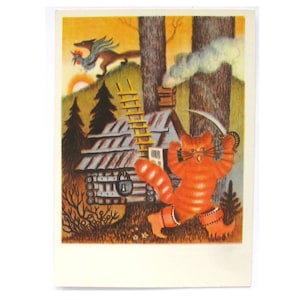 Le chat, le coq et le renard, Vasnetsov, peinture russe, art, inutilisé, carte postale vintage soviétique, impression, non signé, 1967, années 60, années 60