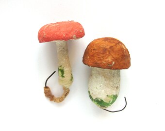 2 mushrooms, Set of 2 Papier-mache ornaments, Soviet Vintage Christmas tree decoration, Russian New Year, USSR, Soviet Union, 1950s