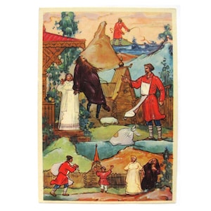 Padre e Trabalhador Balda, Cartão Postal Não Utilizado, Cartão Postal Vintage Soviético, Conto, Palekh, Ilustração, Zaytsev, Palekh, 1961, 1960, 60, URSS