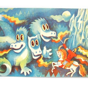 Zmei Gorynyych, Bogatyr, Cartão postal não utilizado, Conto popular, Dragão, Cartão postal soviético vintage, Ilustração, 1981, anos 80, URSS