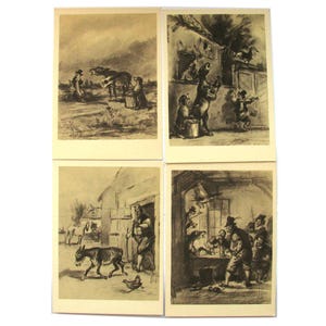 Os Músicos da Cidade de Bremen, Conjunto de 4 Cartões Postais, Ilustração, Rudakov, Conto, Irmãos Grimm, Não Utilizado, Cartão Postal Vintage Soviético, URSS, Anos 50