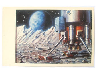 Weltraum, beim Mond, seltene Postkarte aus der Sowjetunion, Weltraum Karte, Weltraum Druck, Weltraum Kunst, Sokolov, Leonov, unsigniert, UDSSR, 1969, 60er Jahre