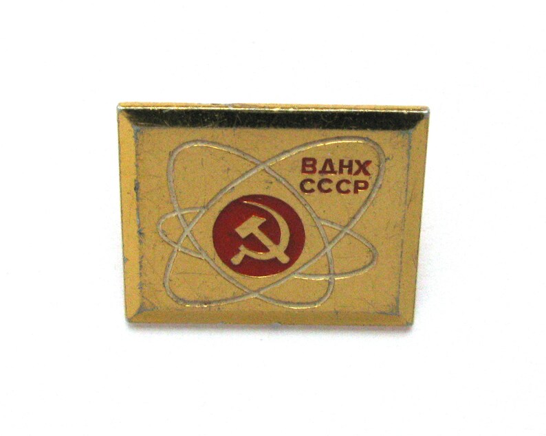 VDNKh, Badge, Hamer en Sikkel, Atoom, Wetenschap, Zeldzame Sovjet Vintage metalen verzamelpin, Gemaakt in de USSR, jaren 1960 afbeelding 3