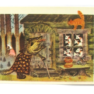 Rosyjska karta z bajką ludową, wilk i dzieci, ilustracja, Wasniecow, nieużywana pocztówka, radziecka stara pocztówka, radziecka pusta karta, ZSRR, 1967