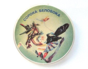 Magpie Pin, Vintage plastic badge, Bird, Tale, Cartoon character, Soviet Vintage Pin,  Vintage Badge, Soviet Pin, USSR