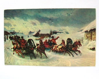Happy New Year, Unused Postcard, Troika, Painting, Palekh, Shrovetide, Soviet Vintage Postcard, Print, Illustration, Gruzinsky, 1978