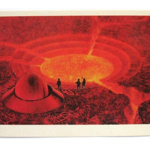 Ruimte, bij vulkaan op hete planeet, ruimtekaart, ruimteprint, ruimtekunst, Sokolov, ongebruikt, niet ondertekend, Sovjet vintage ansichtkaart, USSR, 1978