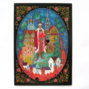 Pushkin, Czar Saltan, Cartão-postal soviético, Palekh, Arte, Ilustração, Impressão, Cartão-postal antigo da União Soviética, URSS, Não utilizado, Bokarev, 1985