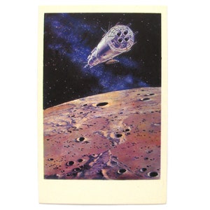 Spazio, Sull'orbita lunare, Rara cartolina spaziale sovietica, Cartolina spaziale, Stampa spaziale, Arte spaziale, Sokolov, Leonov, Non firmato, URSS, 1969, anni '60