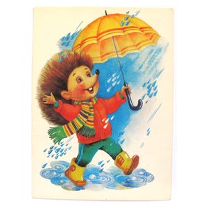 Carte postale puzzle, hérisson, animal, non utilisée, non signée, carte postale vintage soviétique, illustration, Kostetska, 1989, fabriquée en URSS, 1989, années 80