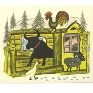Dieren in de winter, houten huis, Russisch volksverhaal, illustratie door Vasnetsov, kunst, ongebruikte ansichtkaart, Sovjet vintage ansichtkaart, USSR, 1967