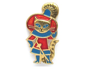 Puss in Boots Pin, Cat in hat Pin, Soviet Vintage badge, Cute, Enamel, USSR, 1980s