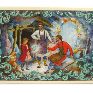 Espelho de Tayutka, cartão postal não utilizado, cartão postal vintage soviético, Palekh, ilustração, Yelkhovikova, Palekh, 1965, anos 1960, anos 60, URSS